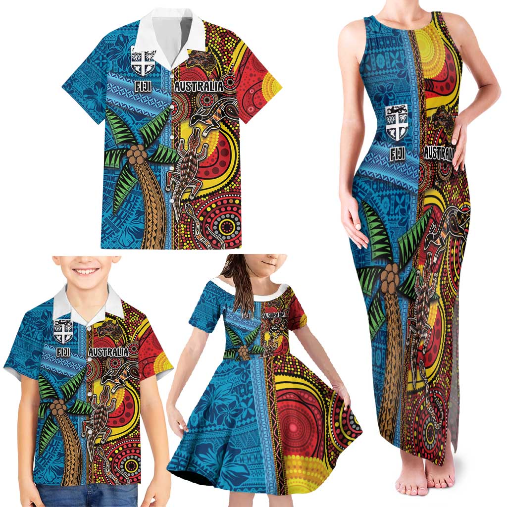 Personalised Australia and Fiji Together Family Matching Tank Maxi Dress and Hawaiian Shirt Tribal Palm Tree with Tapa and Aboriginal Animals Half Style