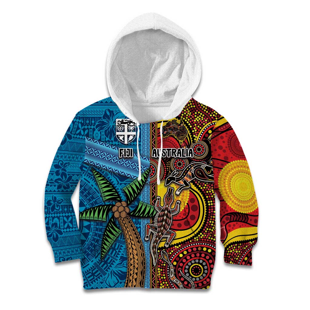 Personalised Australia and Fiji Together Kid Hoodie Tribal Palm Tree with Tapa and Aboriginal Animals Half Style