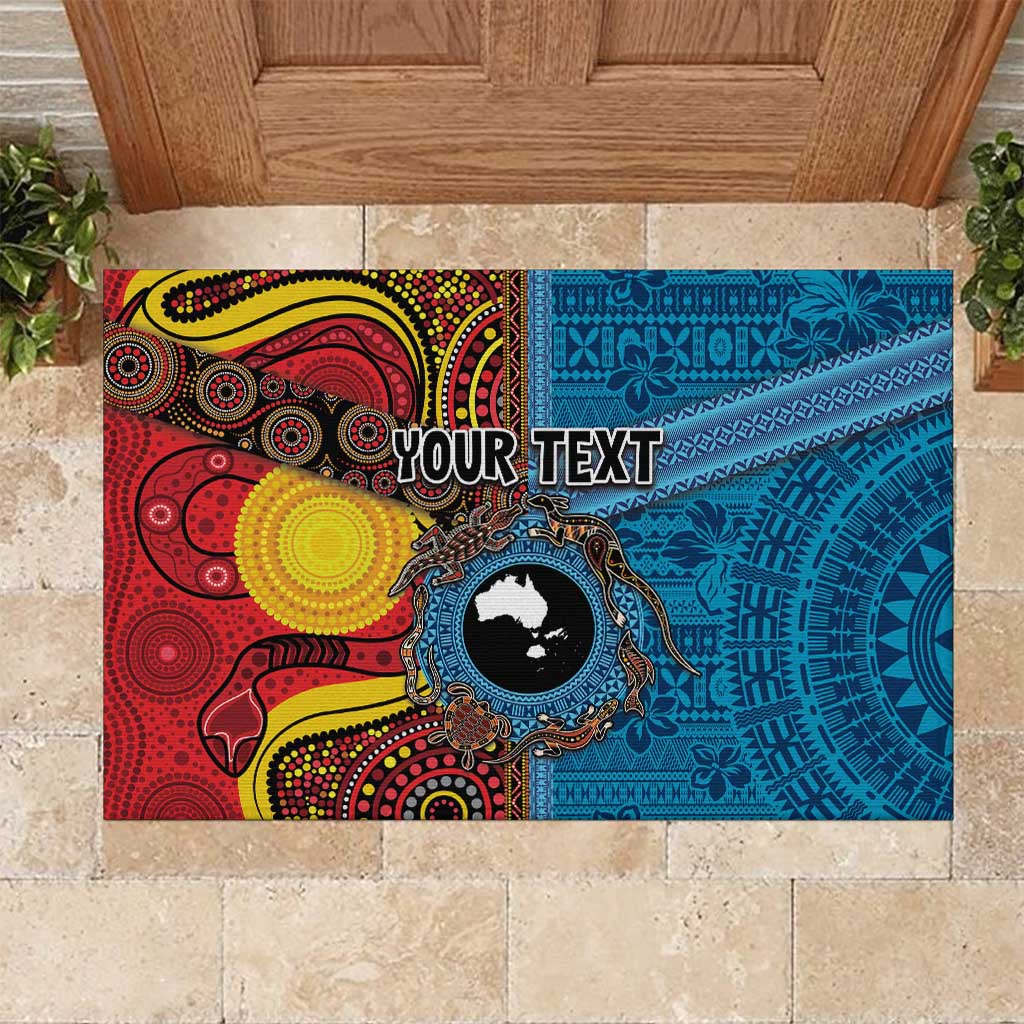 Personalised Australia and Fiji Together Rubber Doormat Tribal Palm Tree with Tapa and Aboriginal Animals Half Style LT03 Blue - Polynesian Pride