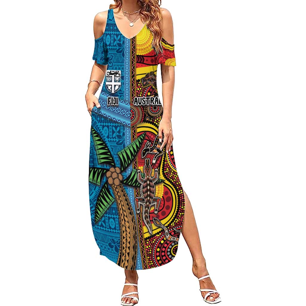 Personalised Australia and Fiji Together Summer Maxi Dress Tribal Palm Tree with Tapa and Aboriginal Animals Half Style