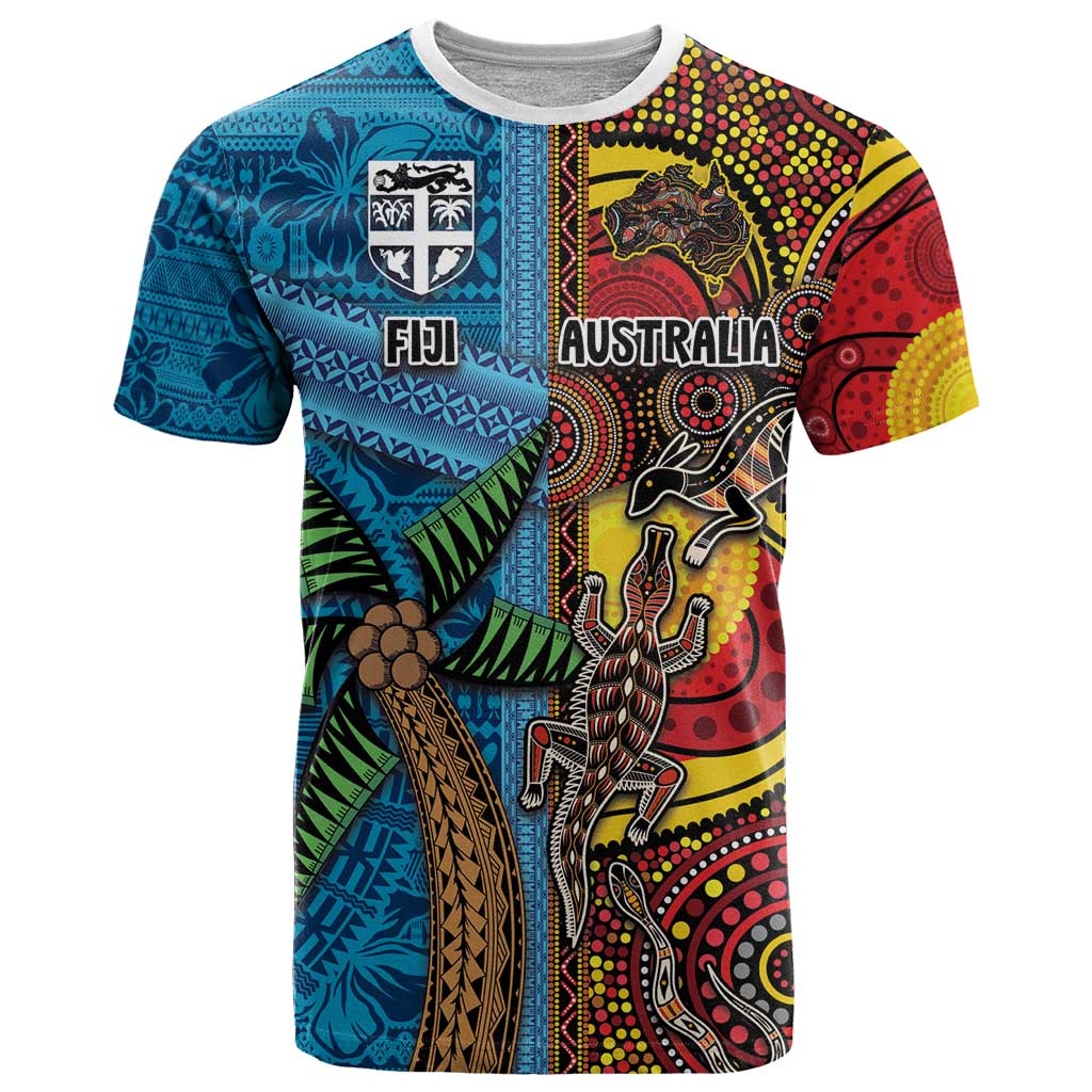 Personalised Australia and Fiji Together T Shirt Tribal Palm Tree with Tapa and Aboriginal Animals Half Style LT03 Blue - Polynesian Pride