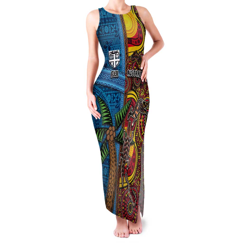 Personalised Australia and Fiji Together Tank Maxi Dress Tribal Palm Tree with Tapa and Aboriginal Animals Half Style