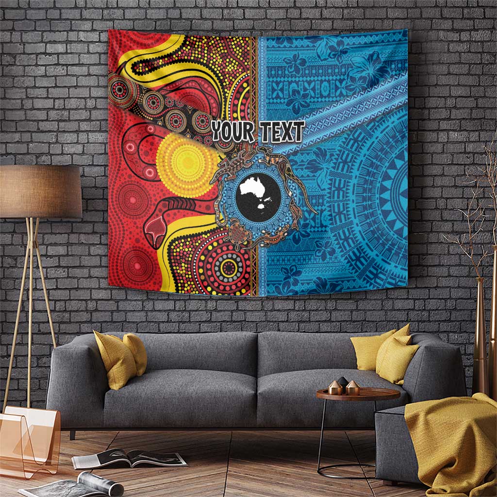 Personalised Australia and Fiji Together Tapestry Tribal Palm Tree with Tapa and Aboriginal Animals Half Style LT03 Blue - Polynesian Pride