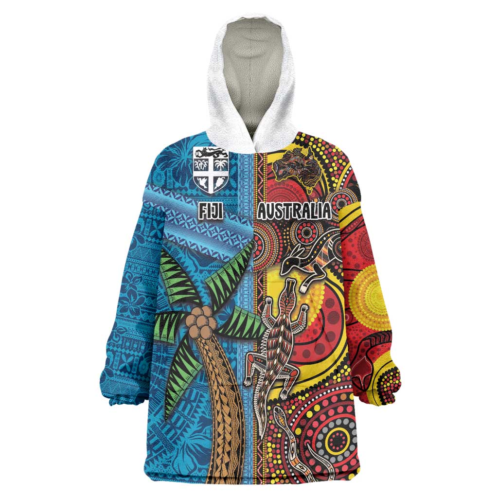 Personalised Australia and Fiji Together Wearable Blanket Hoodie Tribal Palm Tree with Tapa and Aboriginal Animals Half Style