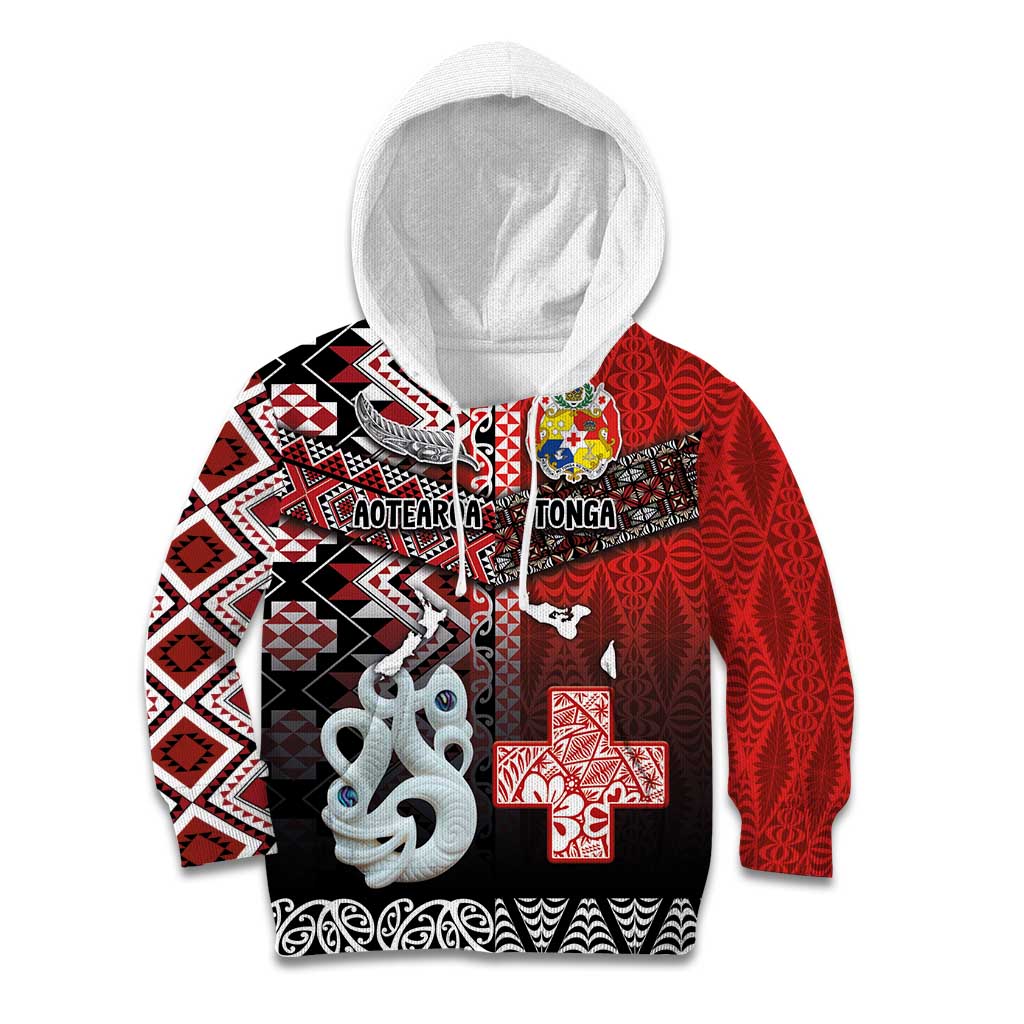 Personalised Aotearoa and Tonga Together Kid Hoodie Manaia and Tongan Tribal Cross - Taniko and Ngatu Art Tattoo