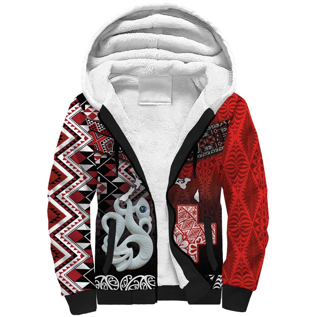 Personalised Aotearoa and Tonga Together Sherpa Hoodie Manaia and Tongan Tribal Cross - Taniko and Ngatu Art Tattoo