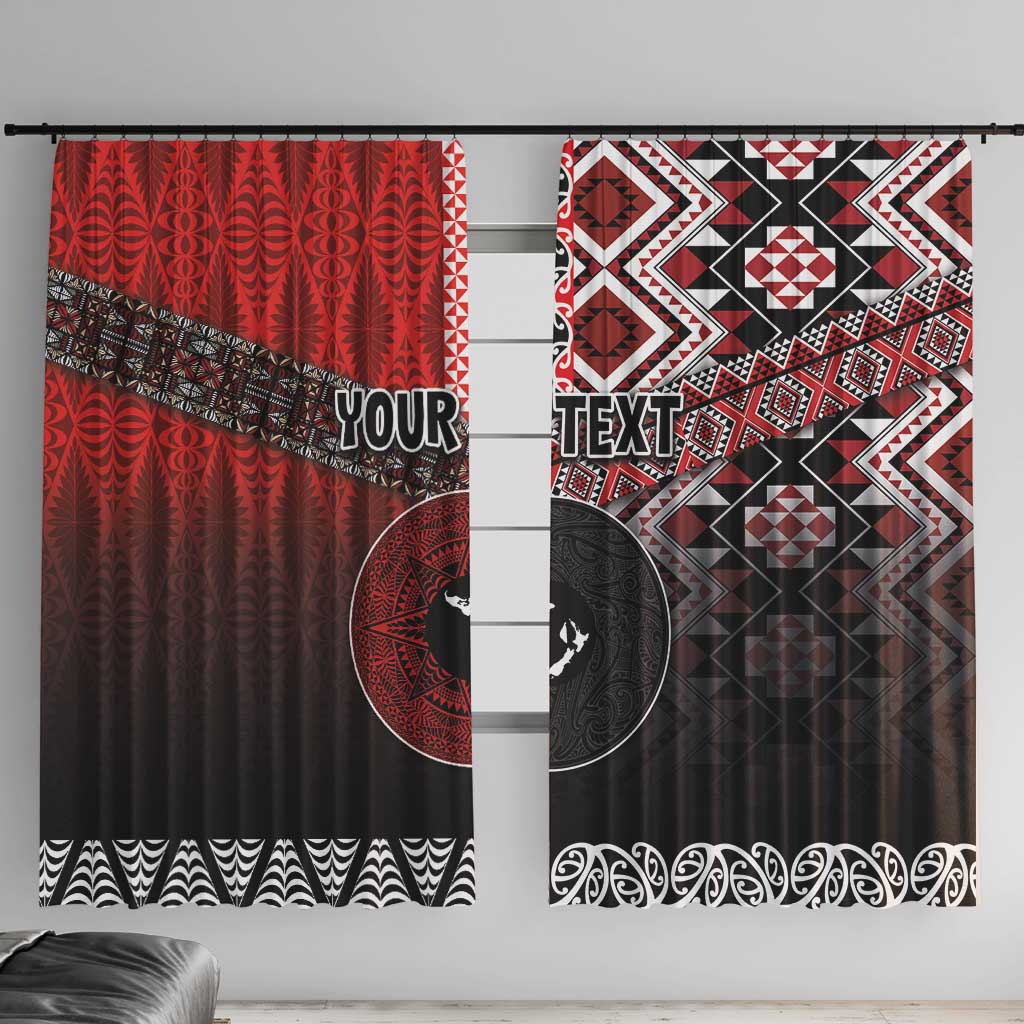 Personalised Aotearoa and Tonga Together Window Curtain Manaia and Tongan Tribal Cross - Taniko and Ngatu Art Tattoo LT03 With Hooks Red - Polynesian Pride