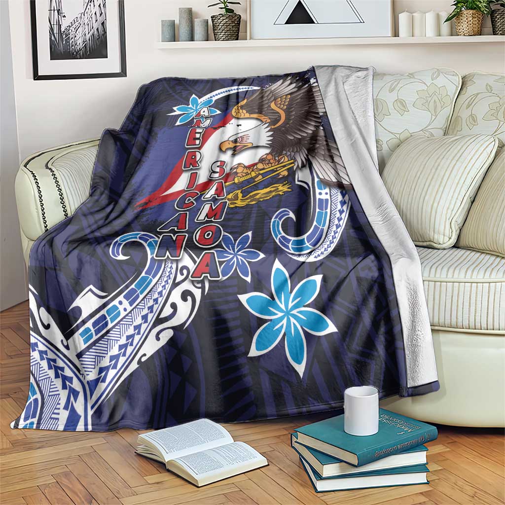 American Samoa Flag Day Blanket Bald Eagle with Uatogi and Fue - Polynesian and Floral Tribal Tattoo LT03 Navy - Polynesian Pride
