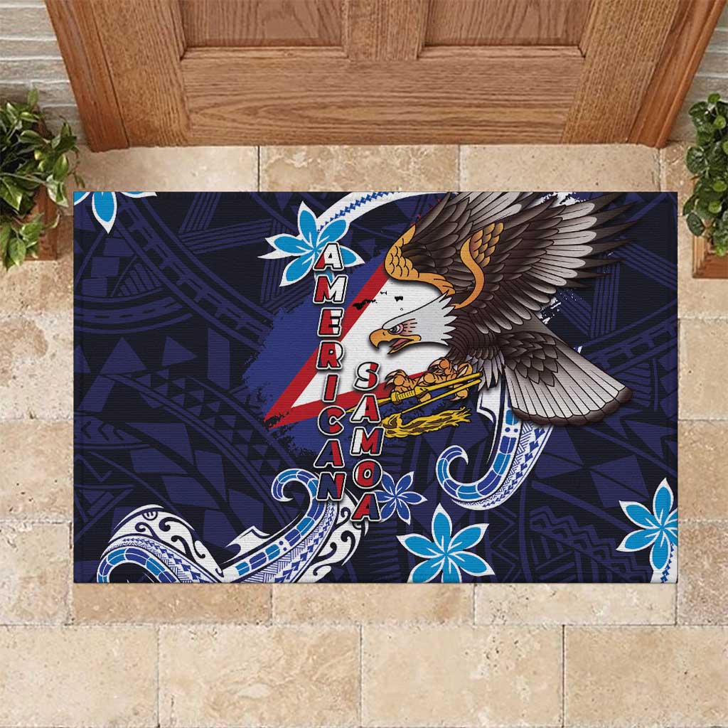 American Samoa Flag Day Rubber Doormat Bald Eagle with Uatogi and Fue - Polynesian and Floral Tribal Tattoo LT03 Navy - Polynesian Pride