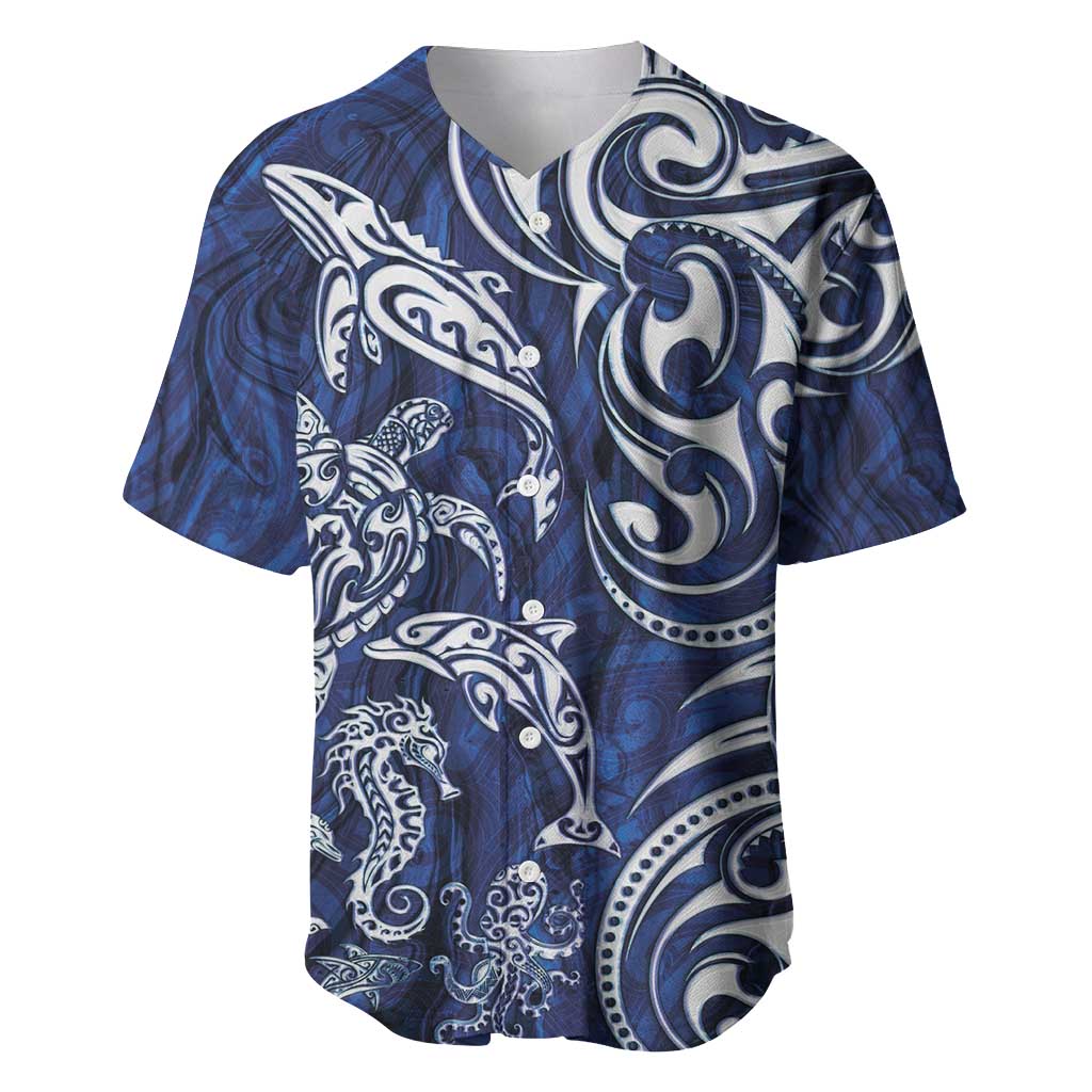 New Zealand Connecting with Seas Baseball Jersey Maori Tribal and Sea Animals Tattoo - White Glass Style LT03 Navy - Polynesian Pride