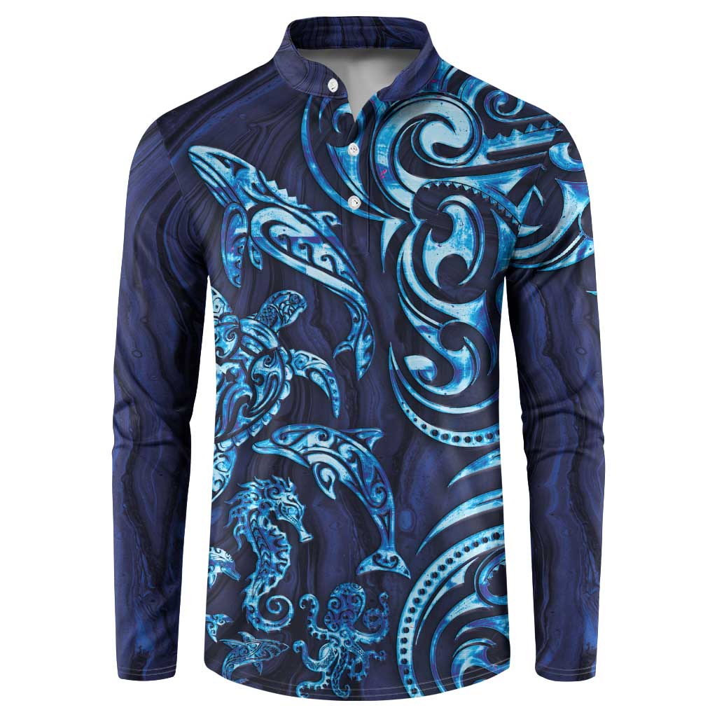 New Zealand Connecting with Seas Button Sweatshirt Maori Tribal and Sea Animals Tattoo - Sea Texture Glass Style LT03 Navy - Polynesian Pride