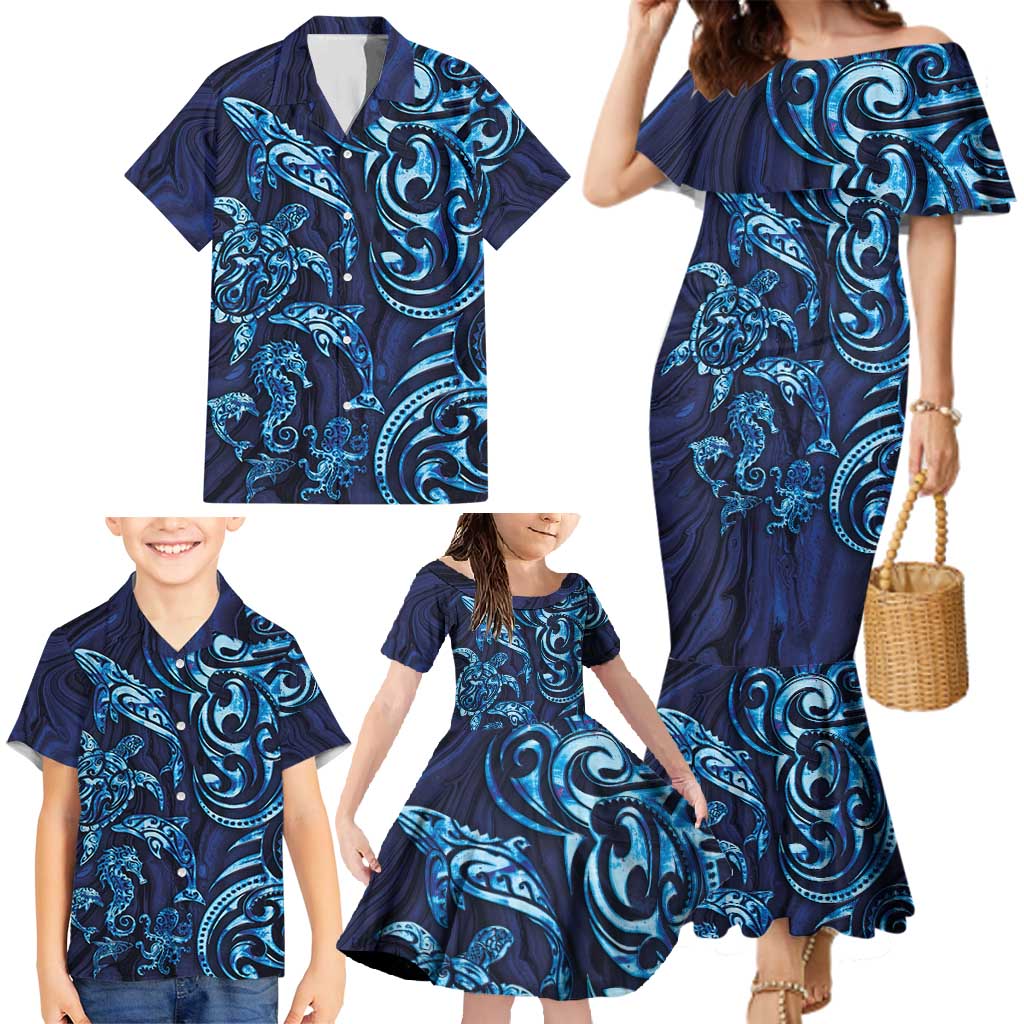 New Zealand Connecting with Seas Family Matching Mermaid Dress and Hawaiian Shirt Maori Tribal and Sea Animals Tattoo - Sea Texture Glass Style