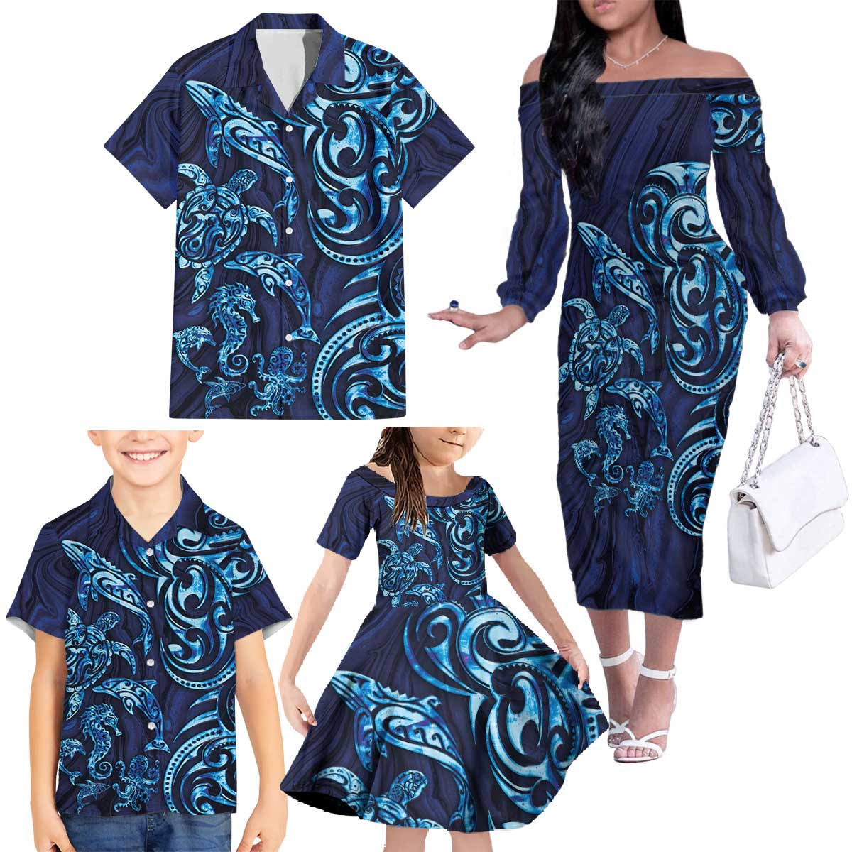 New Zealand Connecting with Seas Family Matching Off The Shoulder Long Sleeve Dress and Hawaiian Shirt Maori Tribal and Sea Animals Tattoo - Sea Texture Glass Style