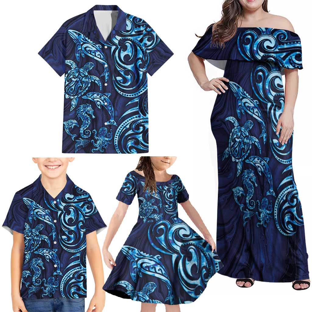 New Zealand Connecting with Seas Family Matching Off Shoulder Maxi Dress and Hawaiian Shirt Maori Tribal and Sea Animals Tattoo - Sea Texture Glass Style