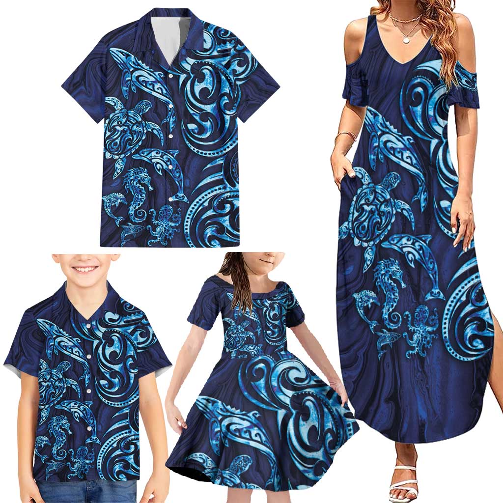 New Zealand Connecting with Seas Family Matching Summer Maxi Dress and Hawaiian Shirt Maori Tribal and Sea Animals Tattoo - Sea Texture Glass Style