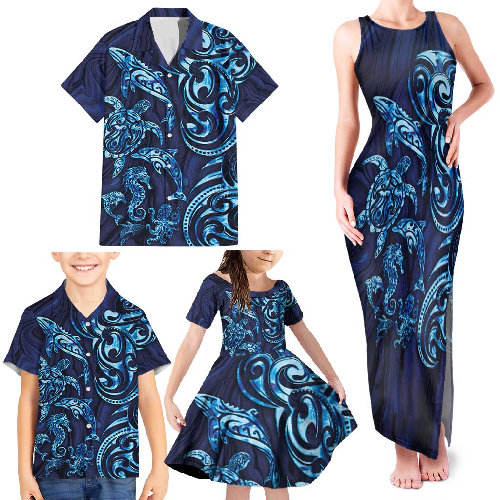 New Zealand Connecting with Seas Family Matching Tank Maxi Dress and Hawaiian Shirt Maori Tribal and Sea Animals Tattoo - Sea Texture Glass Style