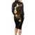 Polynesian Spiral Tribal Tattoo Long Sleeve Bodycon Dress Golden Color