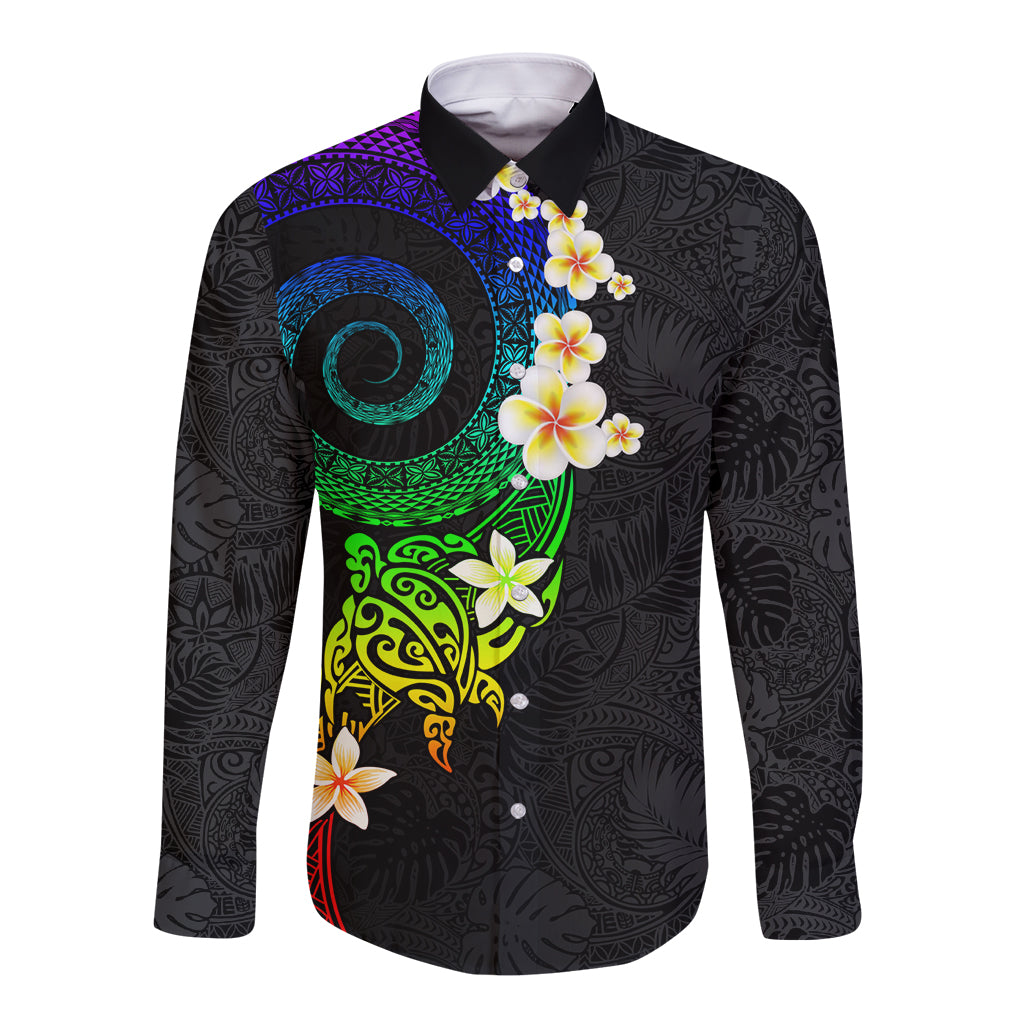 Polynesian Spiral Tribal Tattoo Long Sleeve Button Shirt Fanciful Color LT03 Unisex Black - Polynesian Pride