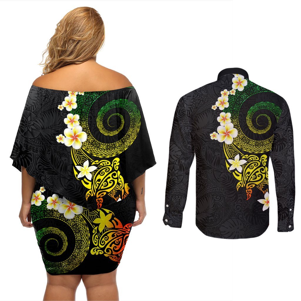 Polynesian Spiral Tribal Tattoo Couples Matching Off Shoulder Short Dress and Long Sleeve Button Shirt Reggae Color LT03 - Polynesian Pride