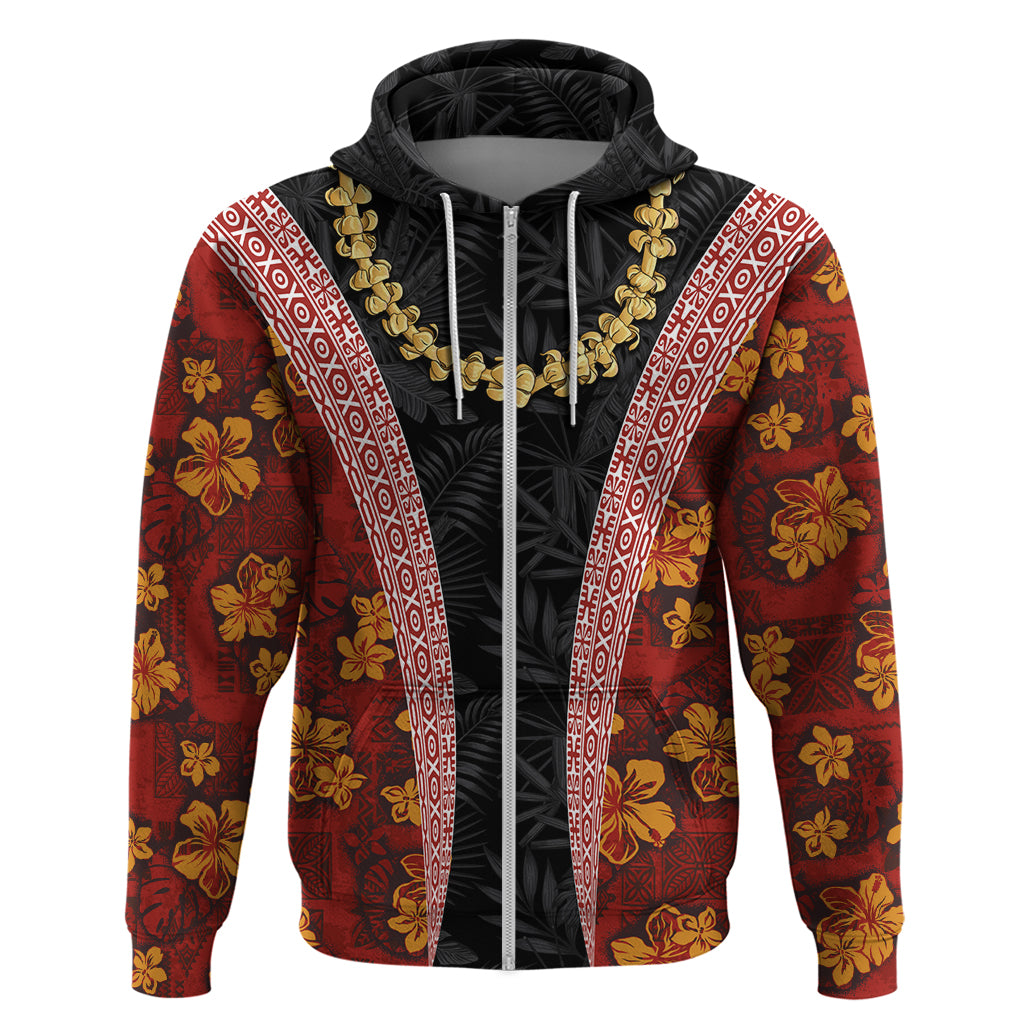 Hawaii Lei and Hibiscus Flowers Tribal Hoodie Patchwork Abstract Vintage LT03 Zip Hoodie Red - Polynesian Pride