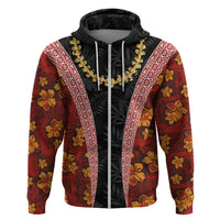 Hawaii Lei and Hibiscus Flowers Tribal Hoodie Patchwork Abstract Vintage LT03 Zip Hoodie Red - Polynesian Pride