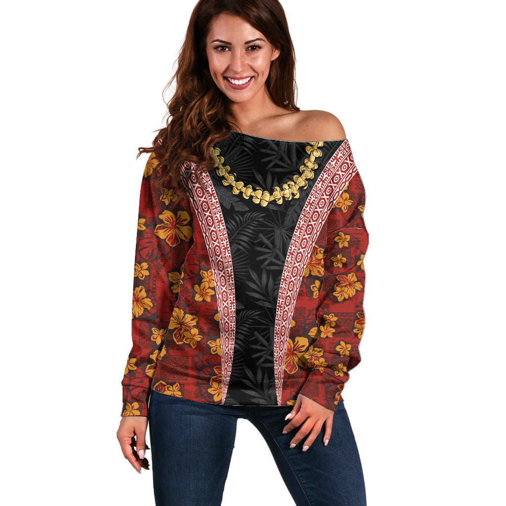 Hawaii Lei and Hibiscus Flowers Tribal Off Shoulder Sweater Patchwork Abstract Vintage LT03 Women Red - Polynesian Pride