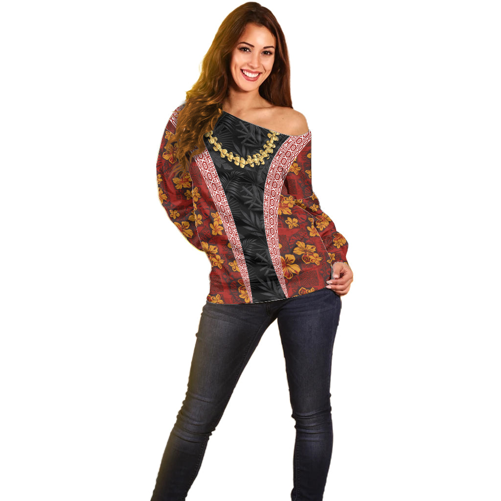 Hawaii Lei and Hibiscus Flowers Tribal Off Shoulder Sweater Patchwork Abstract Vintage LT03 - Polynesian Pride
