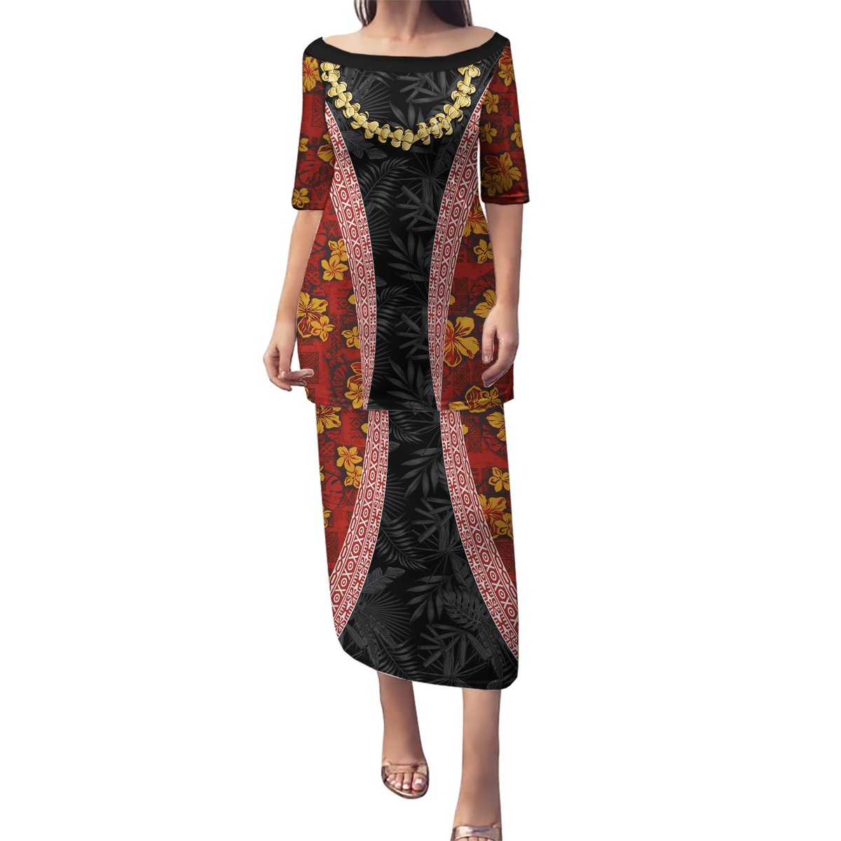 Hawaii Lei and Hibiscus Flowers Tribal Puletasi Patchwork Abstract Vintage LT03 Long Dress Red - Polynesian Pride