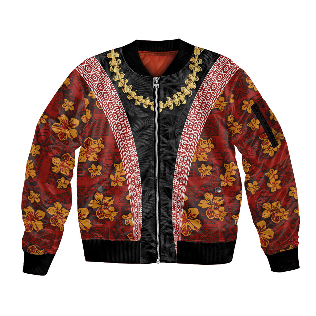 Hawaii Lei and Hibiscus Flowers Tribal Sleeve Zip Bomber Jacket Patchwork Abstract Vintage LT03 Unisex Red - Polynesian Pride