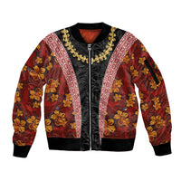 Hawaii Lei and Hibiscus Flowers Tribal Sleeve Zip Bomber Jacket Patchwork Abstract Vintage LT03 Unisex Red - Polynesian Pride