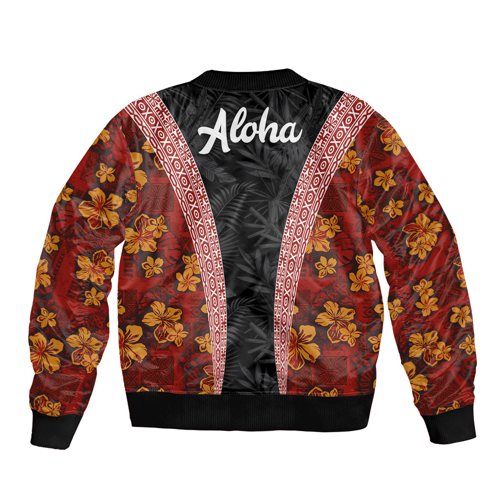 Hawaii Lei and Hibiscus Flowers Tribal Sleeve Zip Bomber Jacket Patchwork Abstract Vintage LT03 - Polynesian Pride
