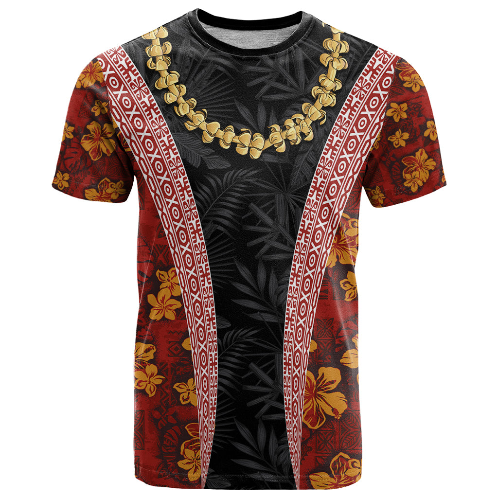 Hawaii Lei and Hibiscus Flowers Tribal T Shirt Patchwork Abstract Vintage LT03 Red - Polynesian Pride