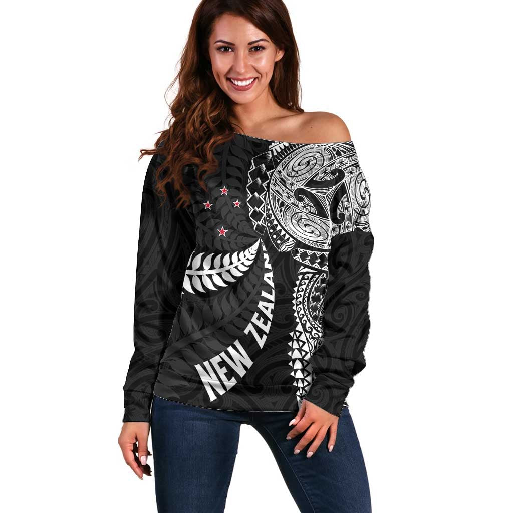 Aotearoa Volleyball Custom Off Shoulder Sweater Silver Ferns and Maori Tribal Black LT03 Women Black - Polynesian Pride