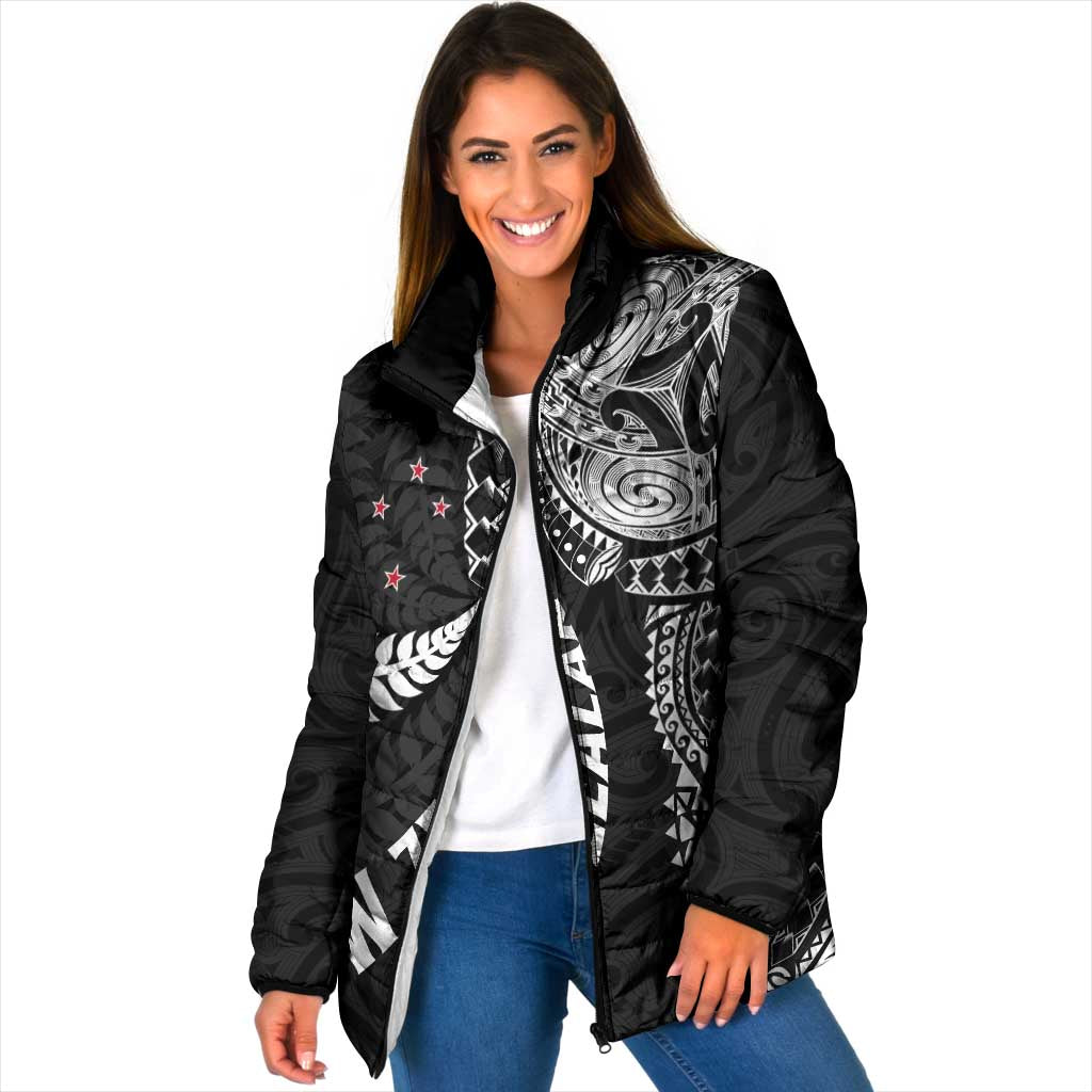Aotearoa Volleyball Custom Padded Jacket Silver Ferns and Maori Tribal Black LT03 Women Black - Polynesian Pride