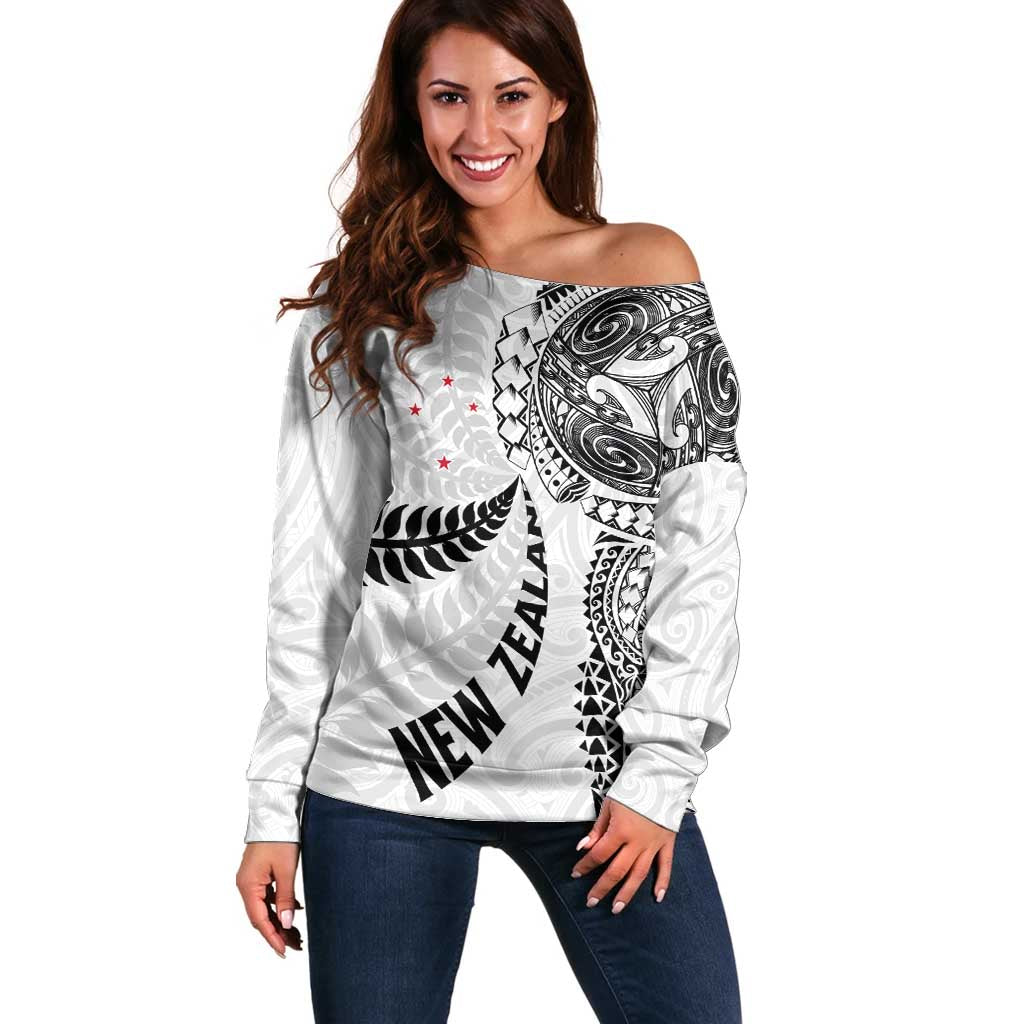 Aotearoa Volleyball Custom Off Shoulder Sweater Silver Ferns and Maori Tribal White LT03 Women White - Polynesian Pride