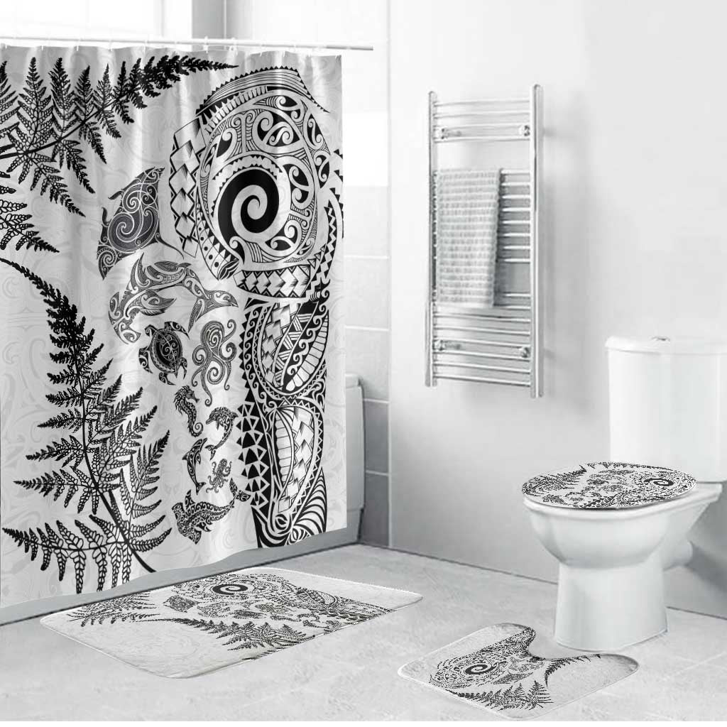 New Zealand Sea Animals Bathroom Set with Maori Koru Tribal Tattoo and Silver Ferns White Color LT03 Bathroom Set (4 pcs) White - Polynesian Pride