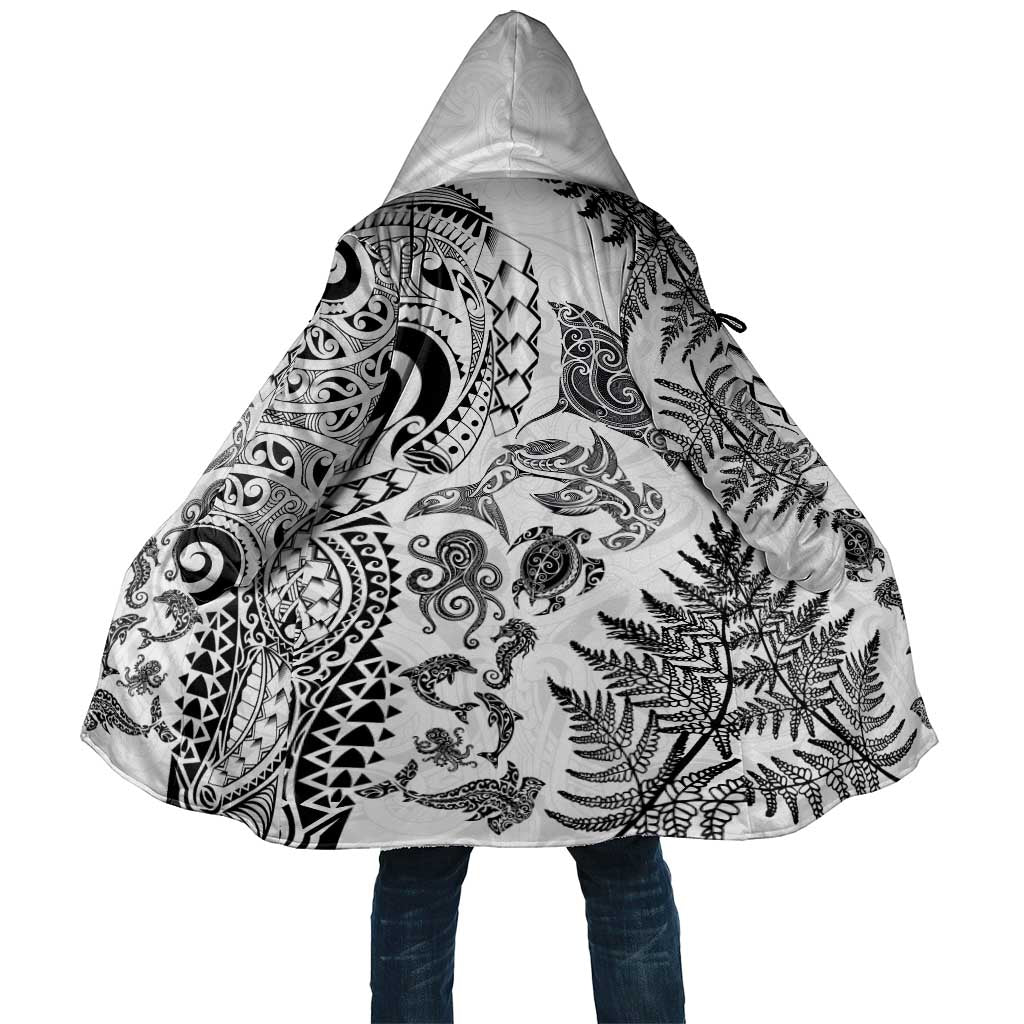 New Zealand Sea Animals Cloak with Maori Koru Tribal Tattoo and Silver Ferns White Color LT03 Unisex White - Polynesian Pride
