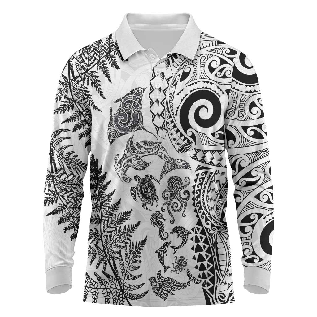 New Zealand Sea Animals Long Sleeve Polo Shirt with Maori Koru Tribal Tattoo and Silver Ferns White Color LT03 White - Polynesian Pride