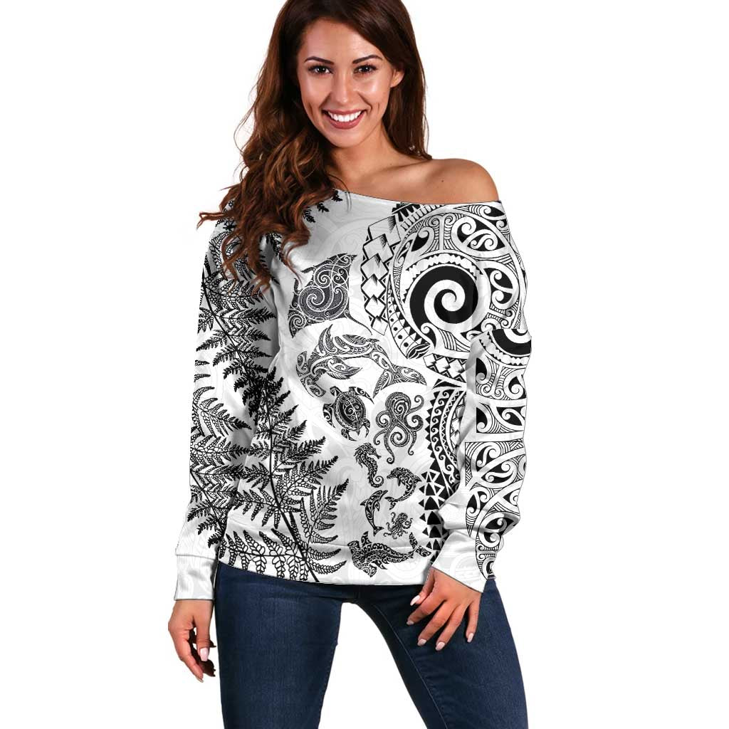 New Zealand Sea Animals Off Shoulder Sweater with Maori Koru Tribal Tattoo and Silver Ferns White Color LT03 Women White - Polynesian Pride