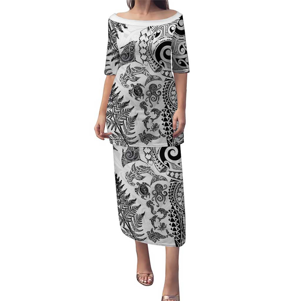 New Zealand Sea Animals Puletasi with Maori Koru Tribal Tattoo and Silver Ferns White Color LT03 Long Dress White - Polynesian Pride