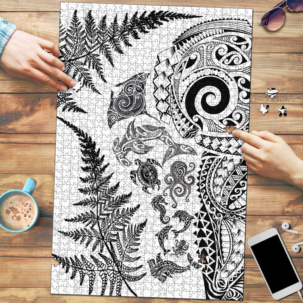 New Zealand Sea Animals Puzzle with Maori Koru Tribal Tattoo and Silver Ferns White Color LT03 White - Polynesian Pride