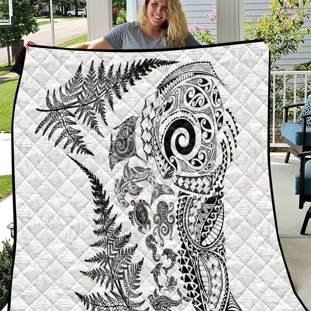 New Zealand Sea Animals Quilt with Maori Koru Tribal Tattoo and Silver Ferns White Color LT03 White - Polynesian Pride
