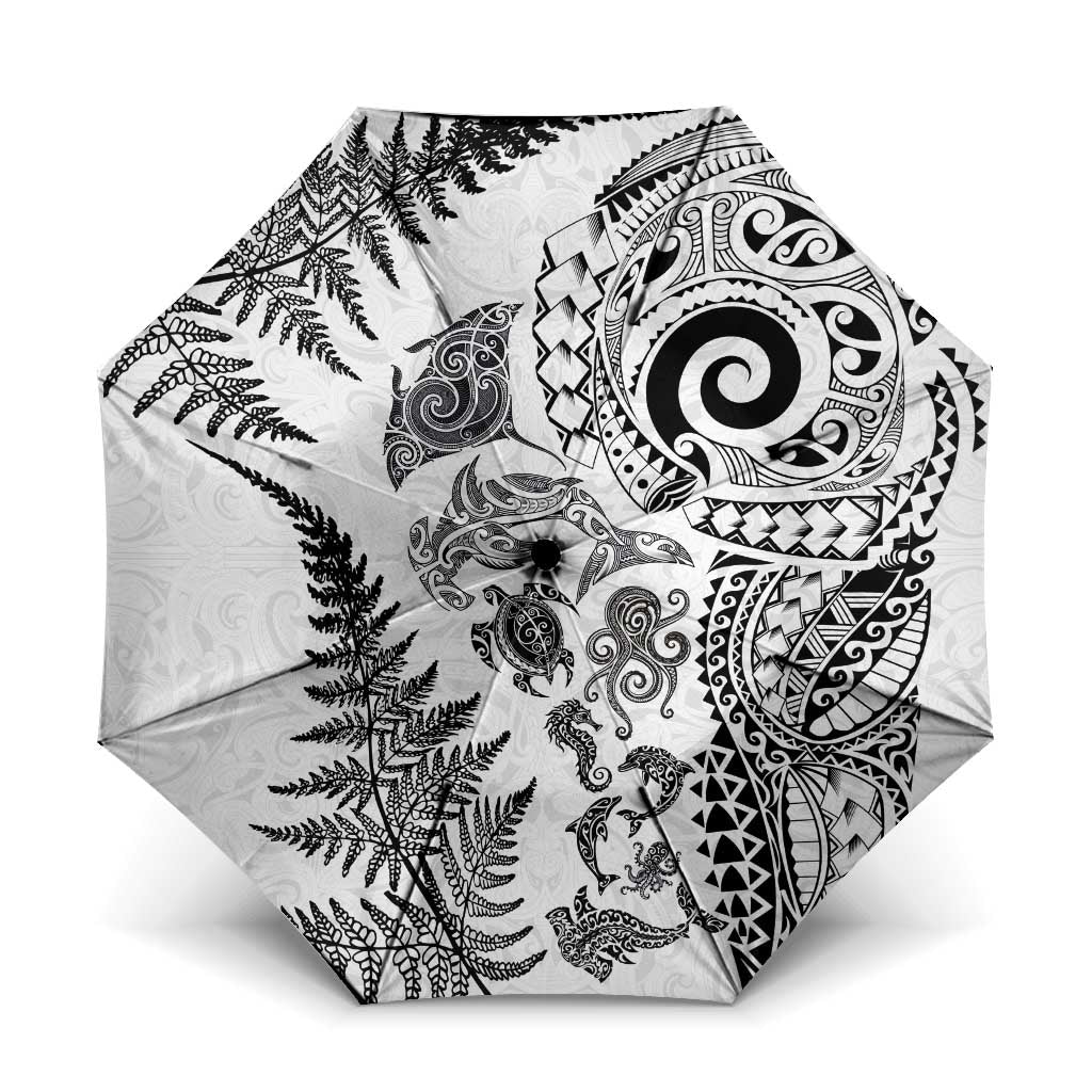 New Zealand Sea Animals Umbrella with Maori Koru Tribal Tattoo and Silver Ferns White Color LT03 One Size Folded 11.42 inch Opened Diameter 37.4 inch White - Polynesian Pride