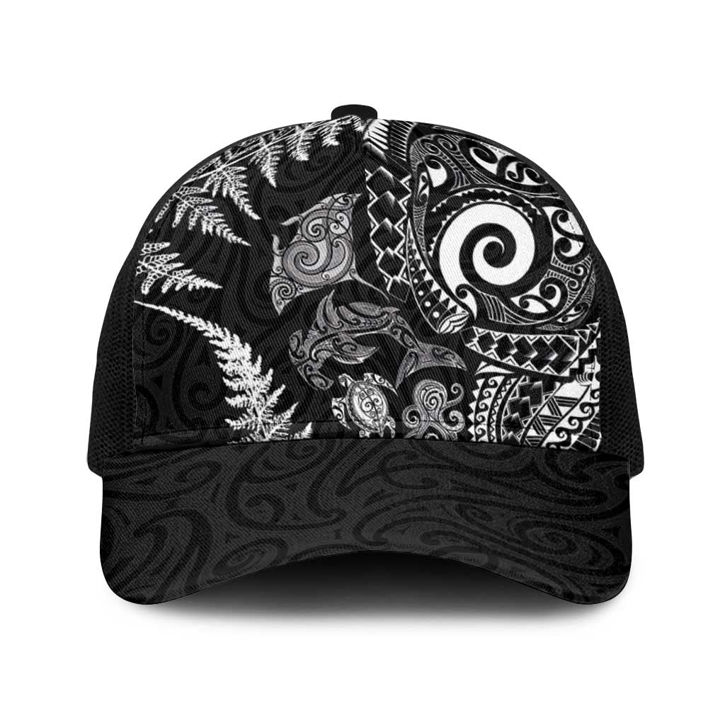 New Zealand Sea Animals Baseball Net Cap with Maori Koru Tribal Tattoo and Silver Ferns Black Color LT03 One Size Black Black - Polynesian Pride