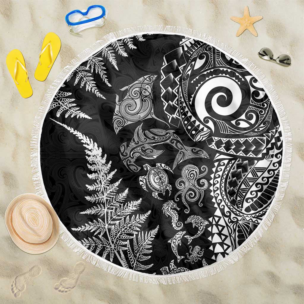 New Zealand Sea Animals Beach Blanket with Maori Koru Tribal Tattoo and Silver Ferns Black Color LT03 One Size 150cm Black - Polynesian Pride