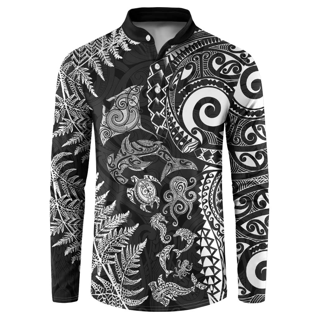 New Zealand Sea Animals Button Sweatshirt with Maori Koru Tribal Tattoo and Silver Ferns Black Color LT03 Black - Polynesian Pride
