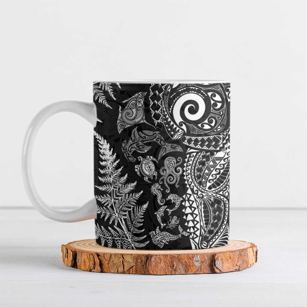 New Zealand Sea Animals Ceramic Mug with Maori Koru Tribal Tattoo and Silver Ferns Black Color LT03 Black - Polynesian Pride
