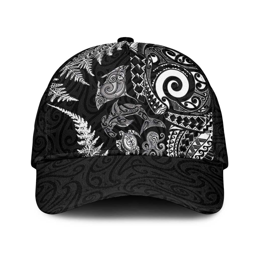 New Zealand Sea Animals Classic Cap with Maori Koru Tribal Tattoo and Silver Ferns Black Color LT03 Universal Fit Black - Polynesian Pride