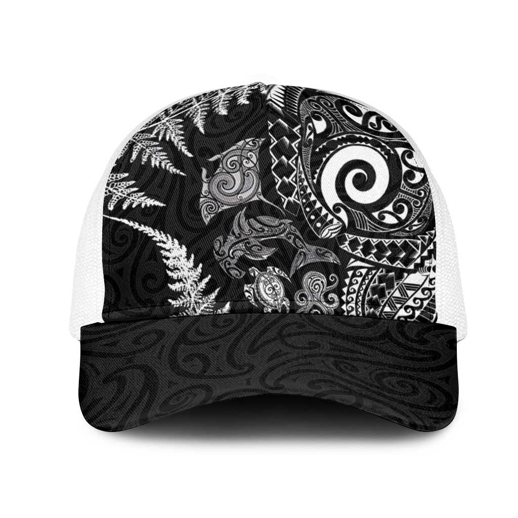 New Zealand Sea Animals Mesh Trucker Cap with Maori Koru Tribal Tattoo and Silver Ferns Black Color LT03 One Size White Black - Polynesian Pride