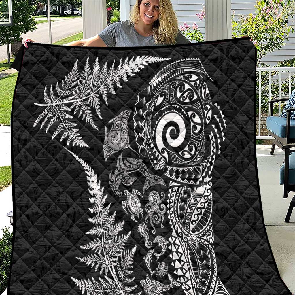 New Zealand Sea Animals Quilt with Maori Koru Tribal Tattoo and Silver Ferns Black Color LT03 Black - Polynesian Pride
